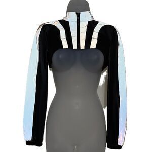 NWT XS Black Reflective Zip Shrug Jacket Super Crop Rave‎ Rainbow Silver Vegan